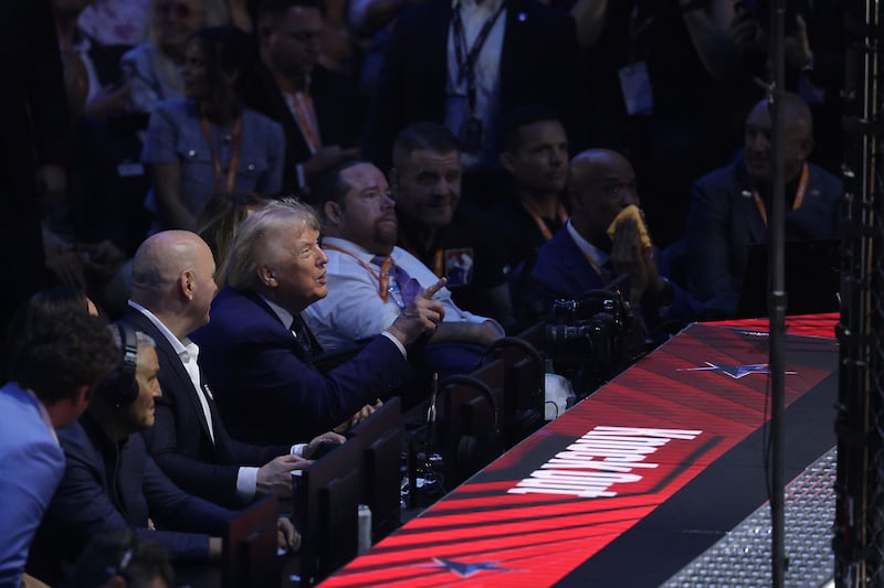 U.S. President Donald Trump and UFC President and CEO Dana White watch the UFC Freedom 250 fights on the South Lawn of the White House on June 14, 2026 in Washington, DC.
