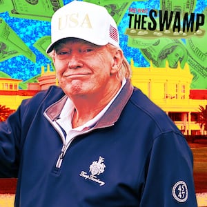 A photo illustration of Donald Trump golfing in front of Trump National Doral golf course and money flying in the sky.