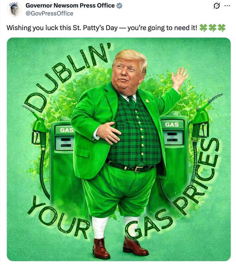 Gavin Newsom trolls Donald Trump for St. Patrick's Day.