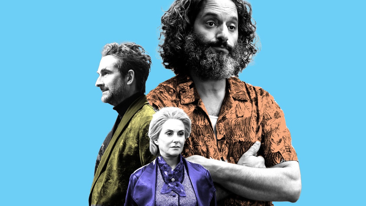A photo illustration of Jason Mantzoukas, Jay Duplass, and Megan Mullaly in ‘Percy Jackson’