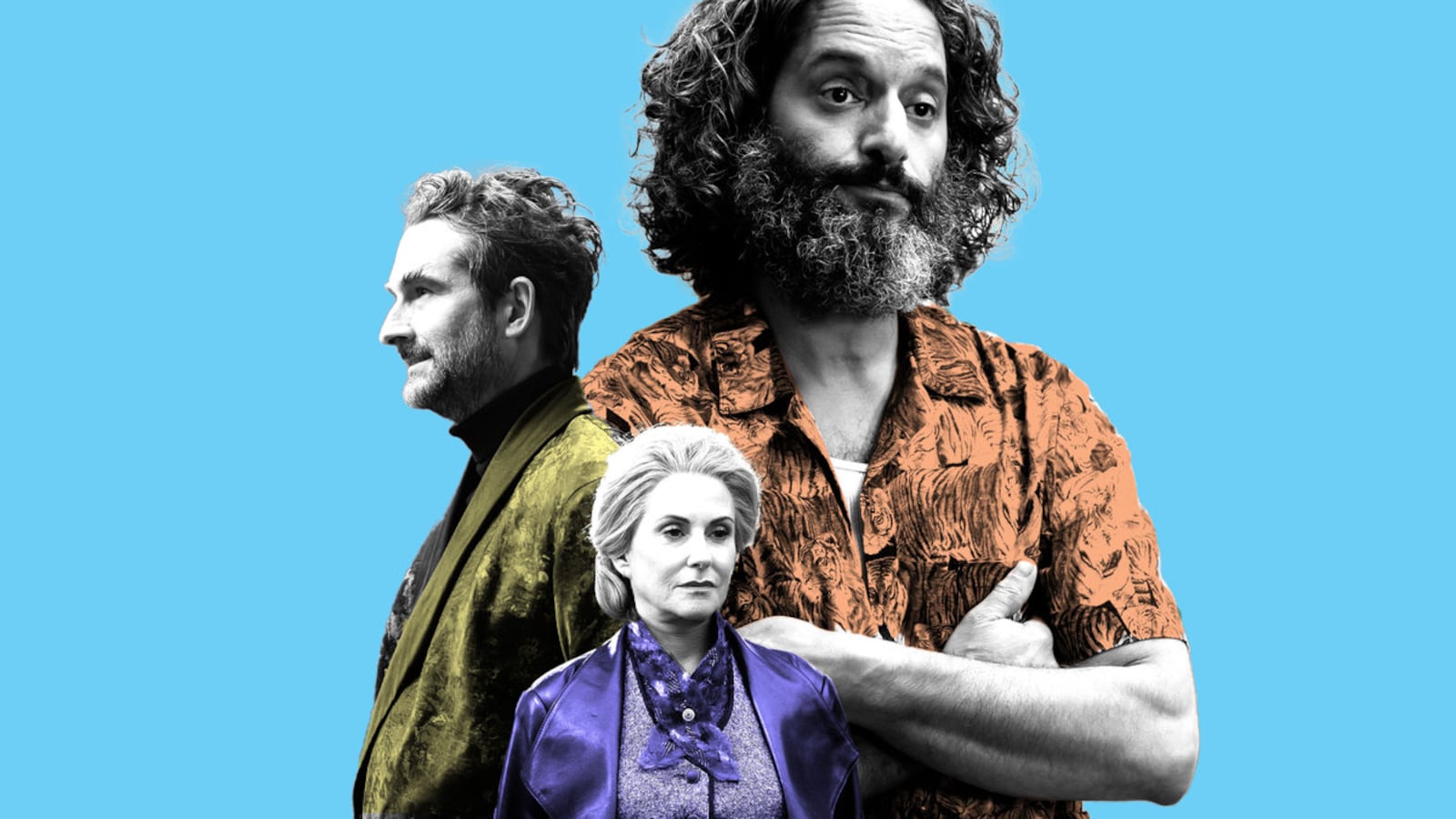 A photo illustration of Jason Mantzoukas, Jay Duplass, and Megan Mullaly in ‘Percy Jackson’