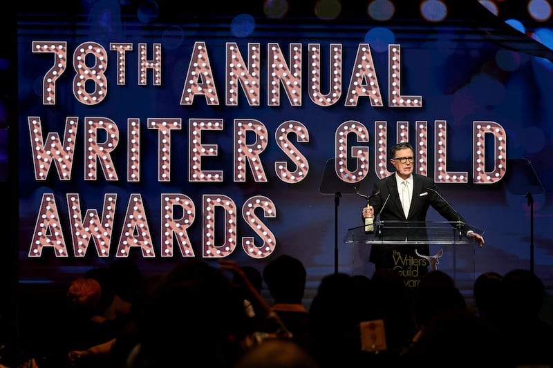Stephen Colbert speaks during the 2026 Writers Guild Awards New York Ceremony at Edison Ballroom on March 08, 2026, in New York City.