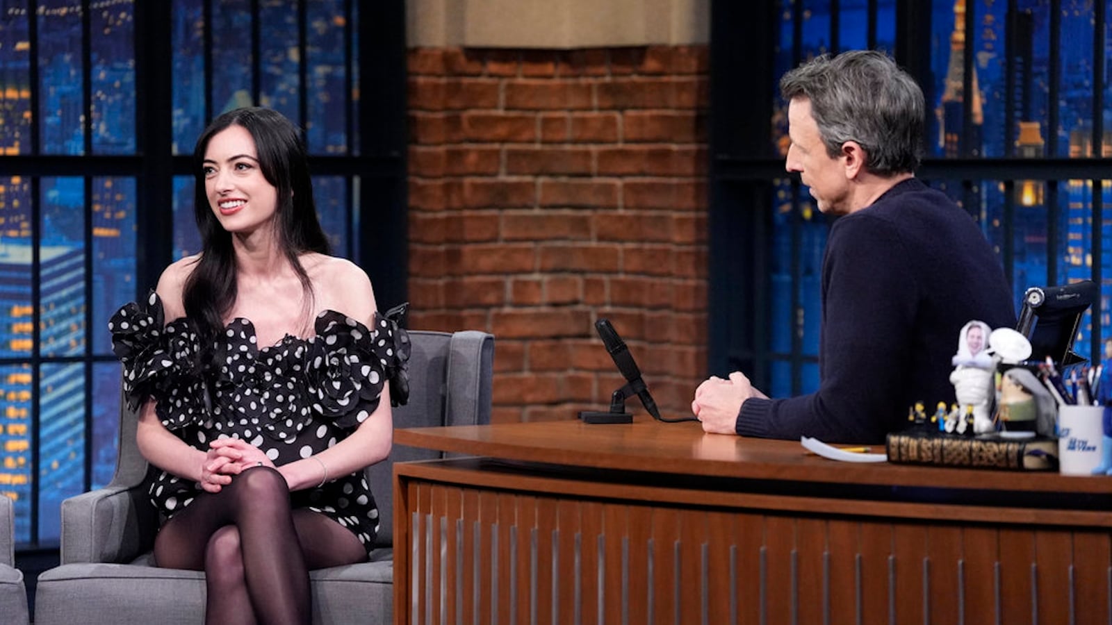 LATE NIGHT WITH SETH MEYERS -- Episode 1620 -- Pictured: (l-r) Actress Cazzie David during an interview with host Seth Meyers on February 3, 2025 -- (Photo by: Lloyd Bishop/NBC)