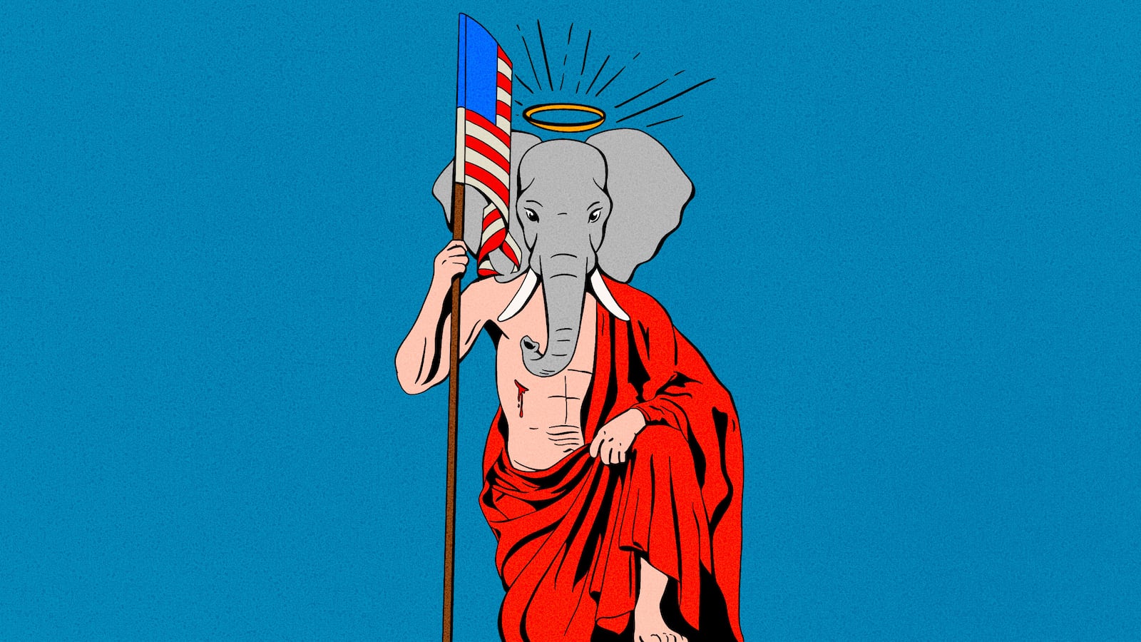 Illustration of Jesus holding an American flag with an elephant head