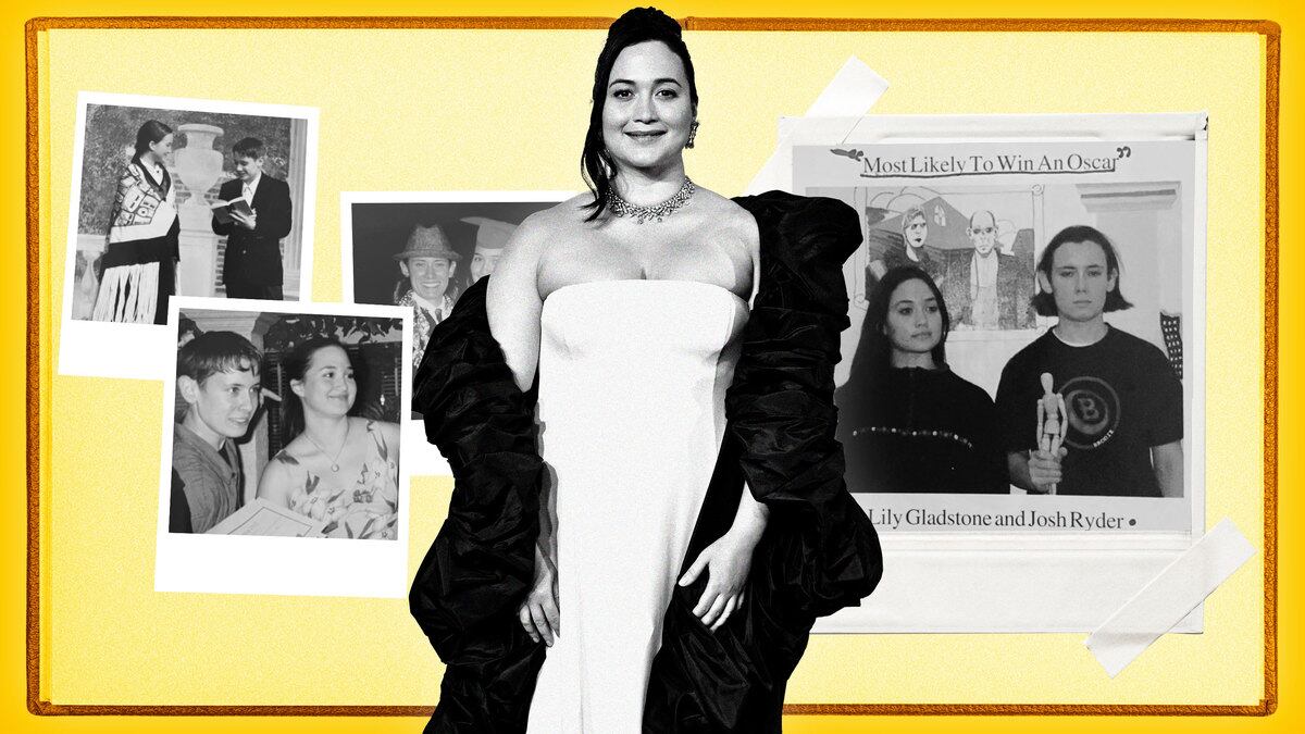 An illustration including photos of Lily Gladstone and Josh Ryder