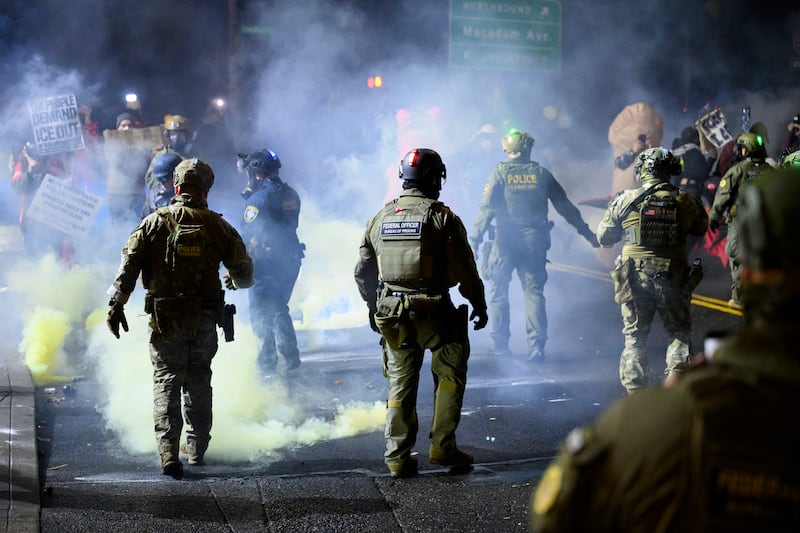 Anti-ICE protesters clash with federal agents at the U.S. Immigration and Customs Enforcement building on October 18, 2025 in Portland, Oregon.