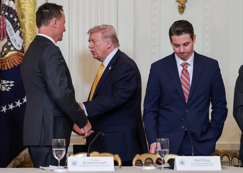 Center Richard Grenell greets U.S. President Donald Trump, with Vice President of operation at the Kennedy Center Matt Floca, who is set to become the new President of the Kennedy Center.