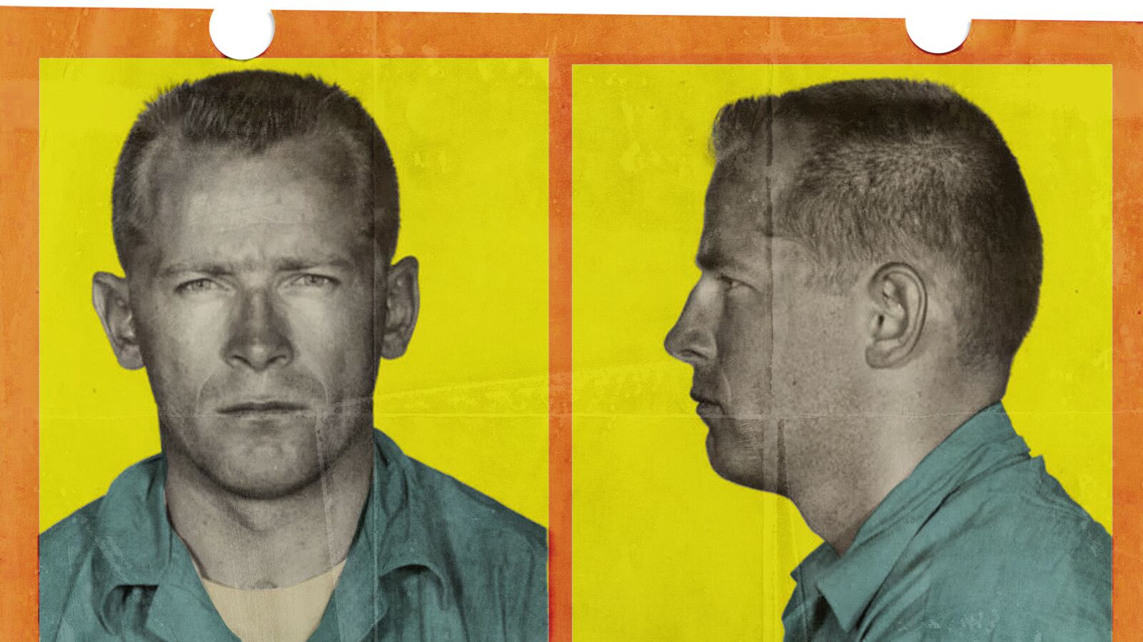 A stylized photo illustration of an early Whitey Bulger mugshot, in which the late gangster is portrayed as a surly young man.