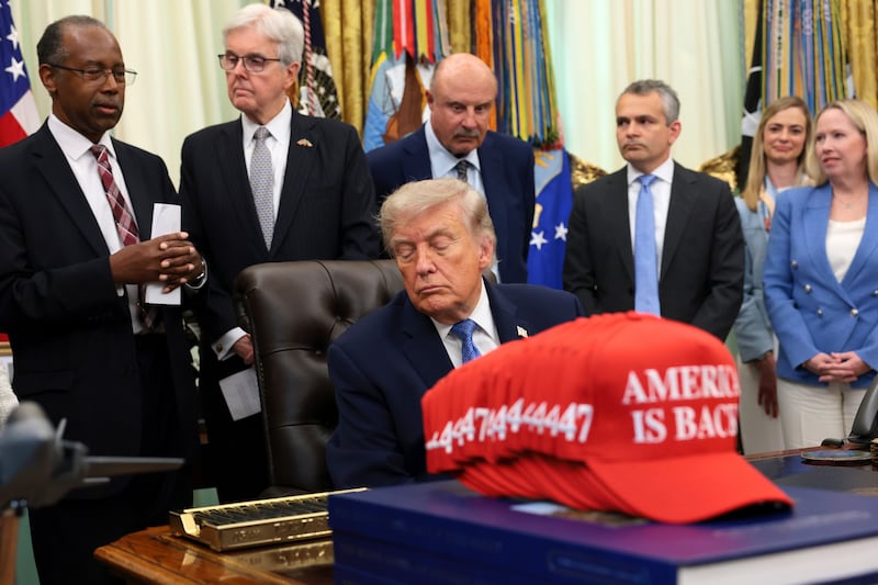 President Donald Trump spotted with his eyes closed during a meeting with the White House Religious Liberty Commission in the Oval Office of the White House on June 26, 2026 in Washington, DC. The president, 80, has repeatedly appeared to doze off during public events since returning to office.