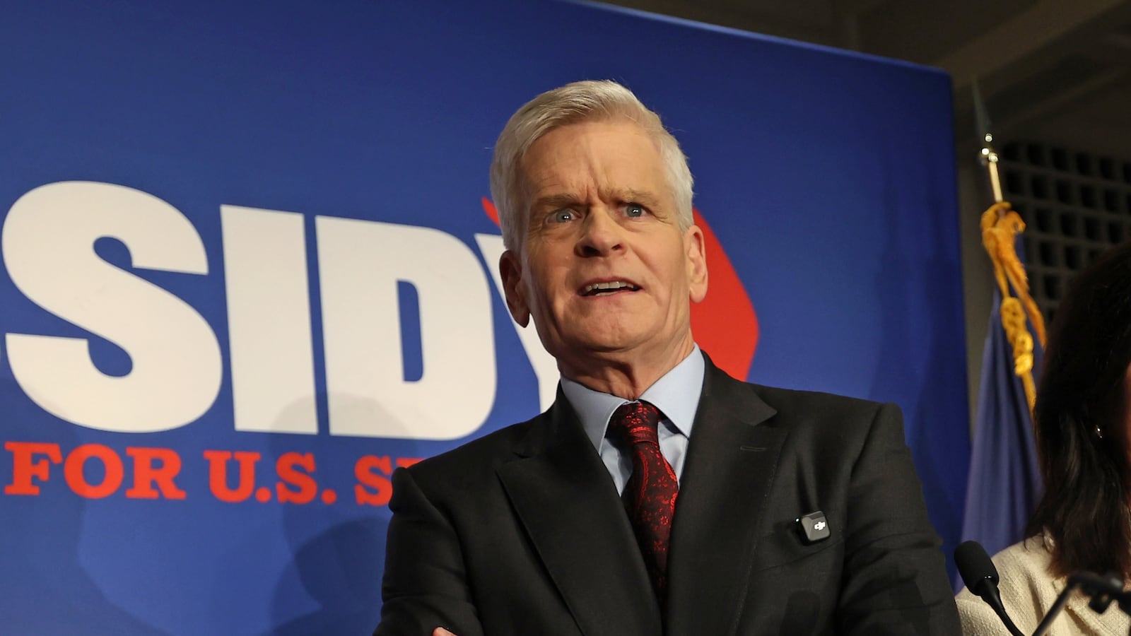 BATON ROUGE, LOUISIANA - MAY 16: Senator Bill Cassidy (R-LA), with his wife Dr. Laura Cassidy by his side, addresses his supporters as he concedes his primary election contest during an event at Boudreaux's Caterers on May 16, 2026 in Baton Rouge, Louisiana. The two-term incumbent, who voted in favor of President Trump's impeachment in 2021, was unable to fend off two primary challengers, Trump-endorsed Rep. Julia Letlow and state treasurer John Fleming who are headed for a run-off in late June. (Photo by Michael DeMocker/Getty Images)