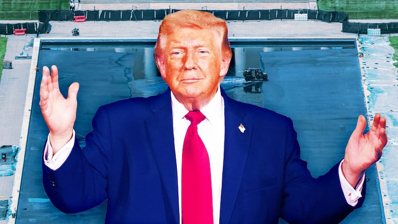 A photo illo illustration of Donald Trump in front of D.C.'s Reflecting Pool.