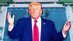A photo illo illustration of Donald Trump in front of D.C.'s Reflecting Pool.