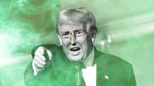 Donald Trump with a clothespin on his nose in front of green odorous gas