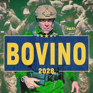 A photo illo illustration of Greg Bovino running for president in 2028.