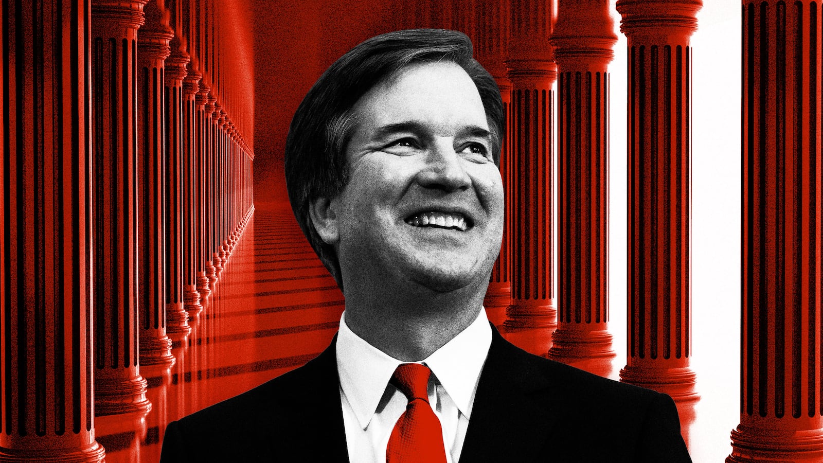 An illustration including a photo of Brett Kavanaugh and supreme court columns