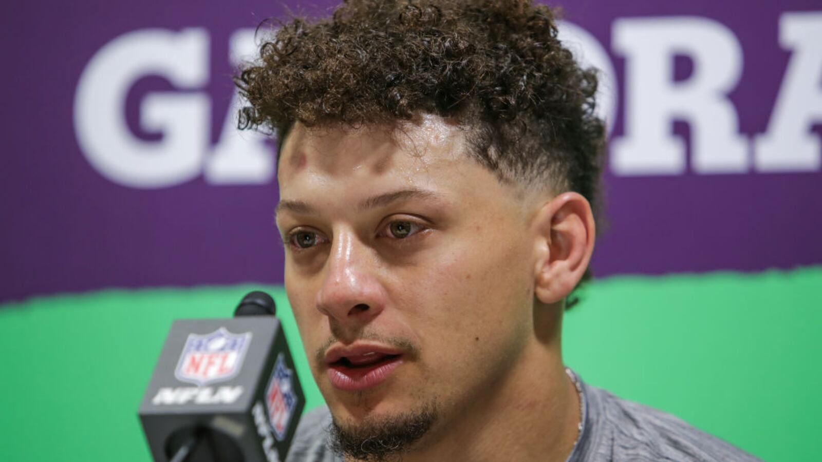 Patrick Mahomes #15 of the Kansas City Chiefs speaks to the media during a press conference after losing to the Philadelphia Eagles 40-22 in Super Bowl LIX at Caesars Superdome on February 09, 2025 in New Orleans, Louisiana.