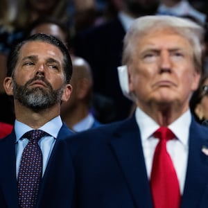 WASHINGTON - JULY 15: Former President Donald Trump, the Republican presidential nominee, is pictured with his sons Don Jr., left, and Eric, in the Fiserv Forum on the first day of Republican National Convention in Milwaukee, Wis., on Monday, July 15, 2024. (Tom Williams/CQ-Roll Call, Inc via Getty Images)