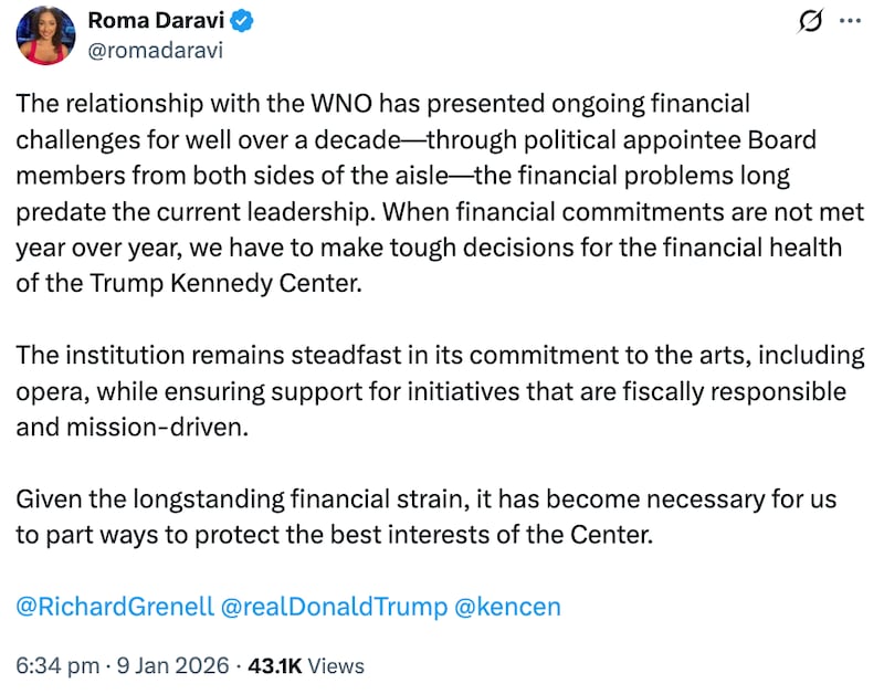 Roma Daravi X post about the Washington National Opera leaving the Kennedy Center