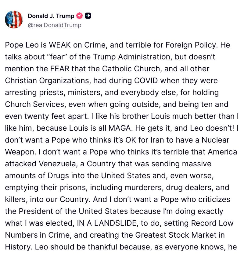 An excerpt of Trump's musings about the American pontiff. Donald J. Trump/Truth Social.