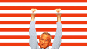 RFK Jr. and Sean Duffy doing pull ups on a red and white stripe background