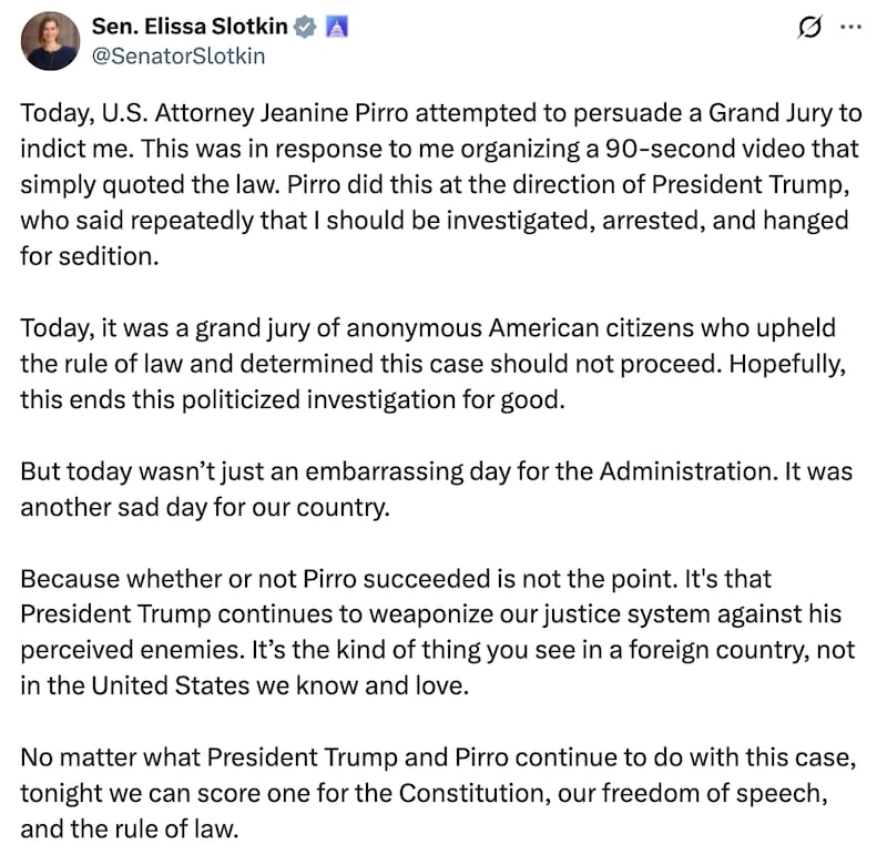Elissa Slotkin X post about failed DOJ indictment