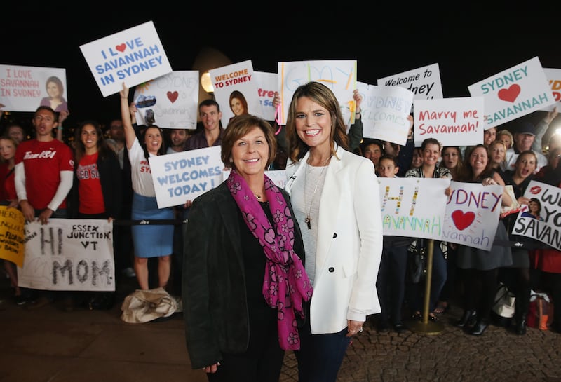 SYDNEY, AUSTRALIA - MAY 04: Australian-born presenter, Savannah Guthrie poses alongside her mother Nancy Guthrie during a production break whilst hosting NBC's "Today Show" live from Australia at Sydney Opera House on May 4, 2015 in Sydney, Australia. (Photo by Don Arnold/WireImage)