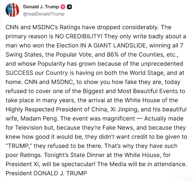 Trump breaks down over coverage of his meeting with Xi.