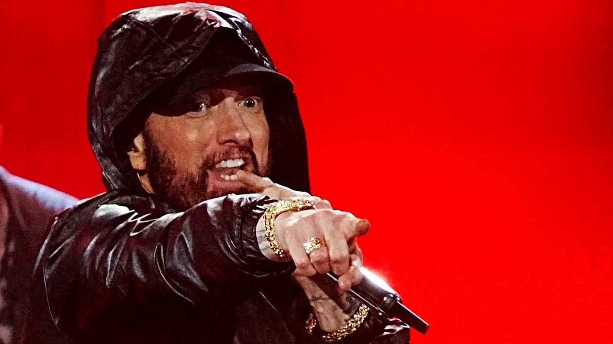 Eminem performs on stage during the 37th Annual Rock & Roll Hall Of Fame Induction Ceremony