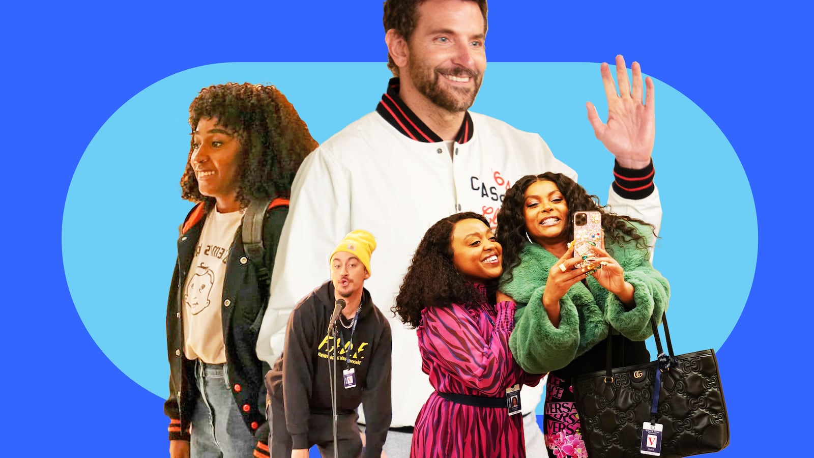 A photo illustration of Casey Frey, Ayo Edibiri, Bradley Cooper, Quinta Brunson, and Taraji P. Henson.