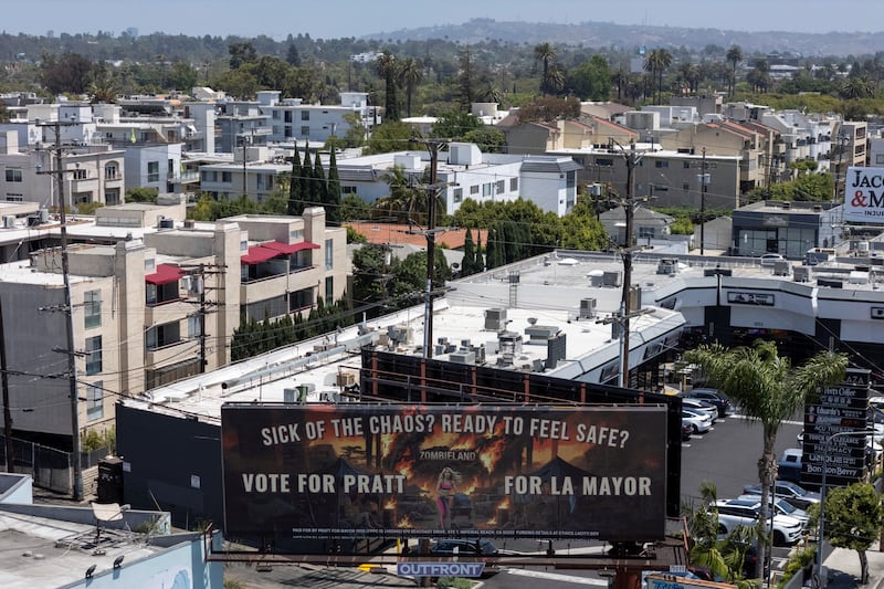A drone view shows a billboard displaying a campaign message from Spencer Pratt, in Los Angeles, California, U.S., June 1, 2026.