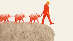 Illo illustration of Donald Trump with a chain of red elephants behind him walking off a cliff