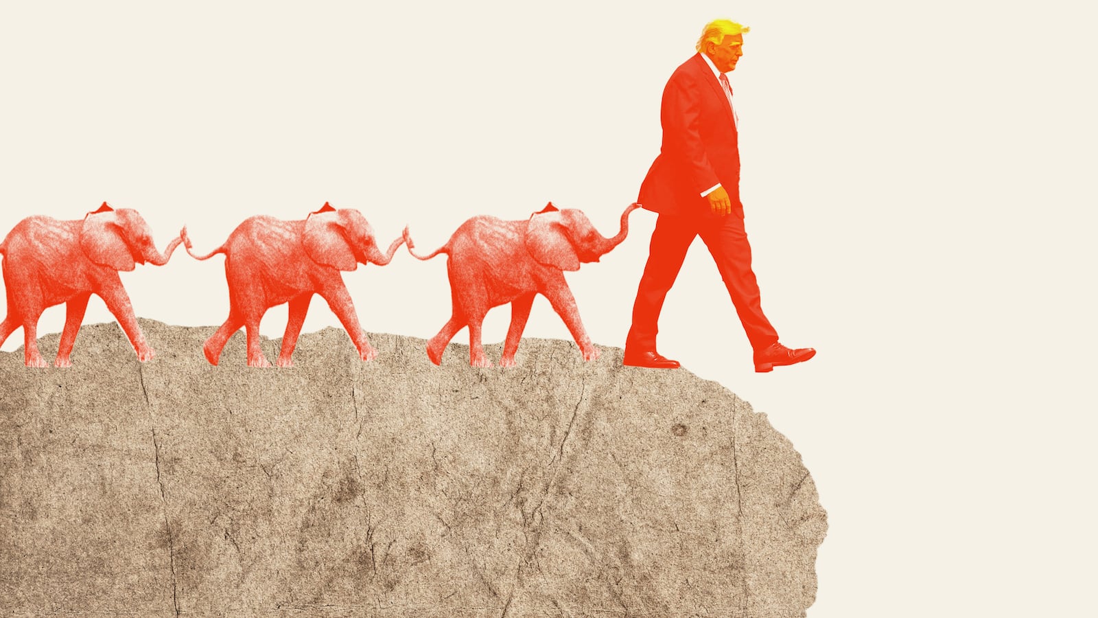 Illo illustration of Donald Trump with a chain of red elephants behind him walking off a cliff
