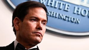 US Secretary of State Marco Rubio listens to US President Donald Trump speak during a press briefing in the Brady Briefing Room at the White House in Washington, DC, shortly after a shooting incident at the White House Correspondents' Dinner on April 25, 2026.