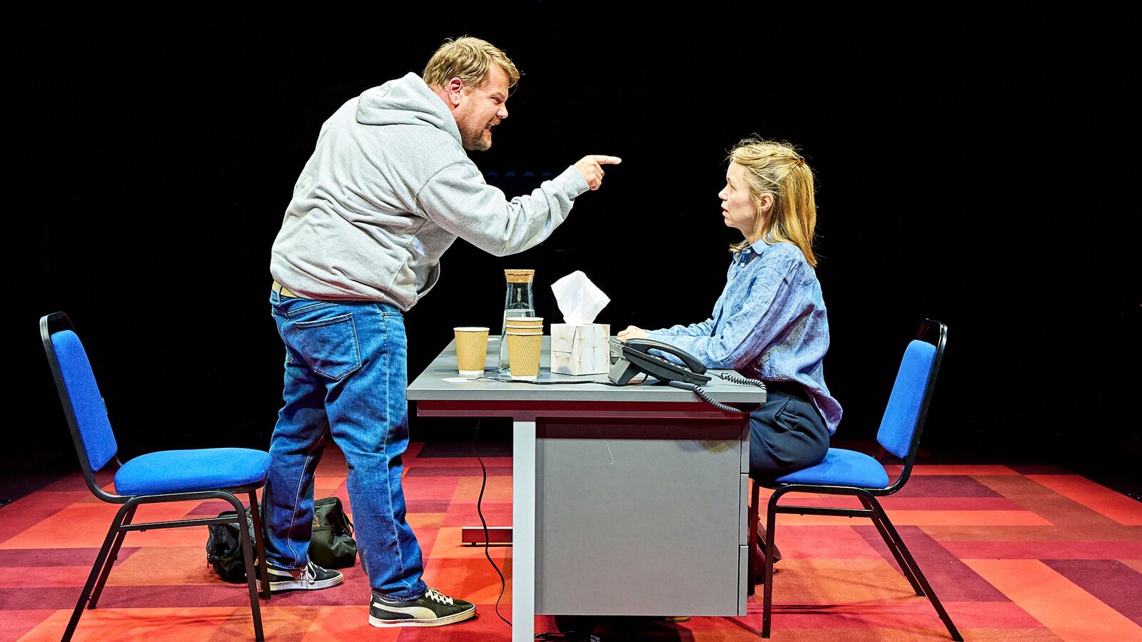 A photo including James Corden and Anna Maxwell Martin in 'The Constituent' at The Old Vic