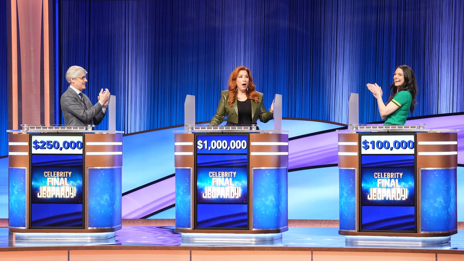 Photo still of Mo Rocca, Lisa Ann Walter and Katie Nolan on Celebrity Jeopardy!
