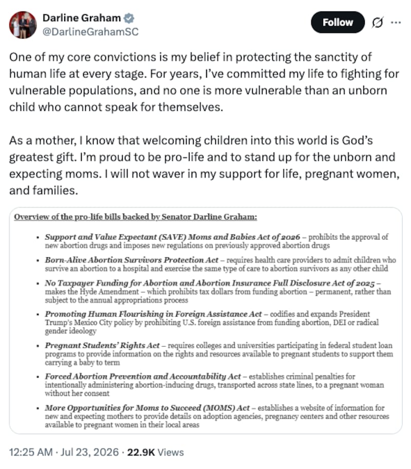 Darline Graham's X post about abortion.