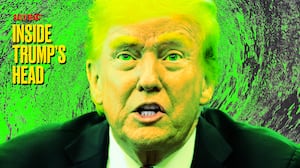 A photo illustration illo of Donald Trump for Inside Trump's Head and green Reflecting Pool swamp.