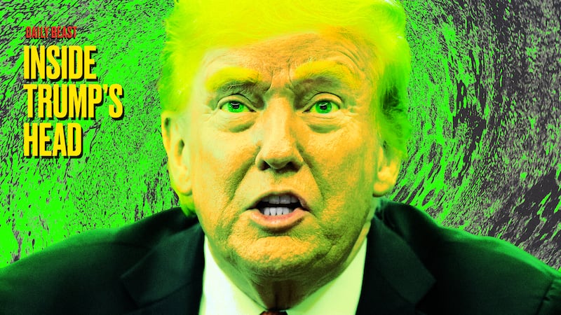 A photo illustration illo of Donald Trump for Inside Trump's Head and green Reflecting Pool swamp.