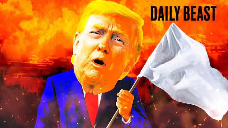 A photo illo illustration of Donald Trump holding up a white flag of surrender for the Daily Beast podcast.
