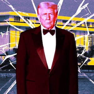 A photo illustration of Donald Trump in front the Kennedy Center.