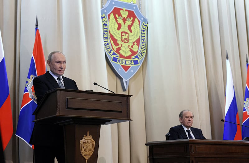 Russia's President Vladimir Putin and Director of Federal Security Service (FSB) Alexander Bortnikov attend a meeting of the service's board in Moscow, Russia, February 24, 2026.