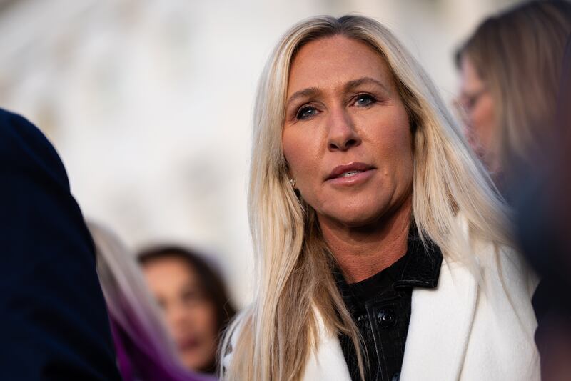 WASHINGTON, DC - NOVEMBER 18: Rep. Marjorie Taylor Greene, pictured, R-Ga, Rep. Ro Khanna, D-Calif., and Rep. Thomas Massie, R-Ky held a press conference outside the U.S. Capitol, on Tuesday, November 18, 2025, with victims of convicted sex offender Jeffrey Epstein as the House prepares to vote to release records related to him.