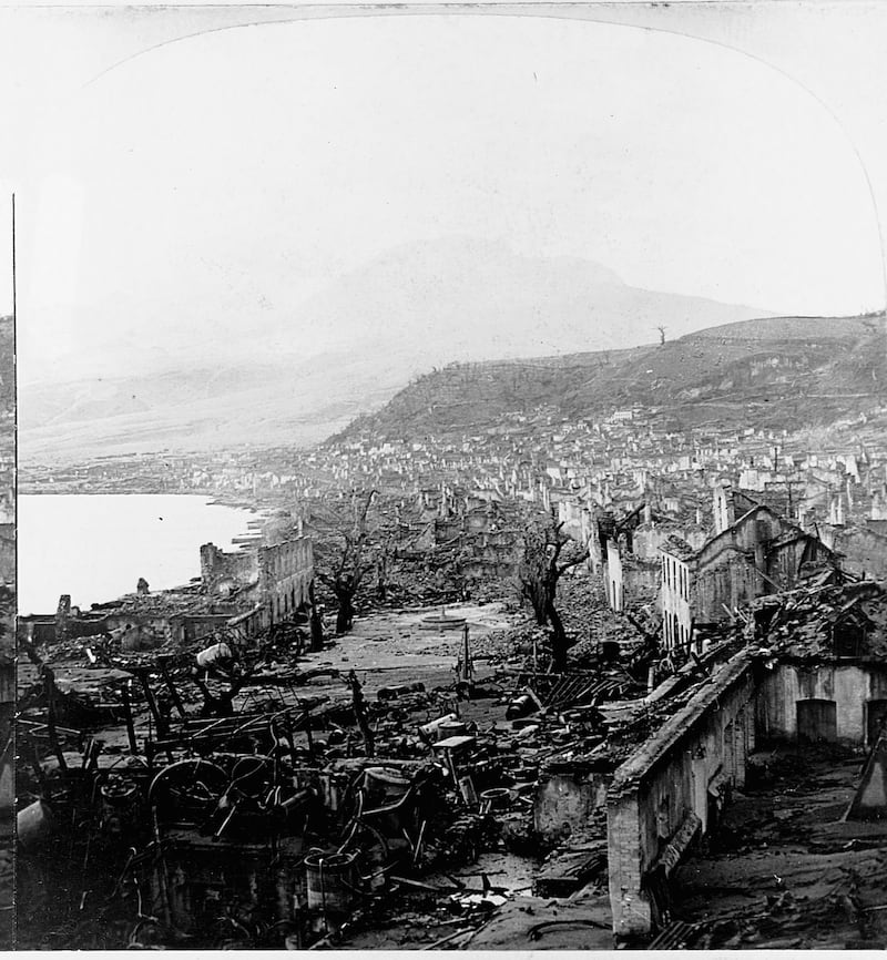 Rubble of the village of Saint-Pierre after the eruption of Mount Pelee in 1902. | Location: Martinique Island. (Photo by Library of Congress/Corbis/VCG via Getty Images)