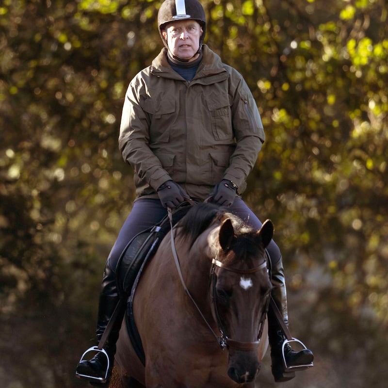 Andrew Mountbatten-Windsor, formerly Prince Andrew The Duke of York, is seen on December 13, 2025 horseback riding on the grounds of Windsor Castle in Windsor, UK.