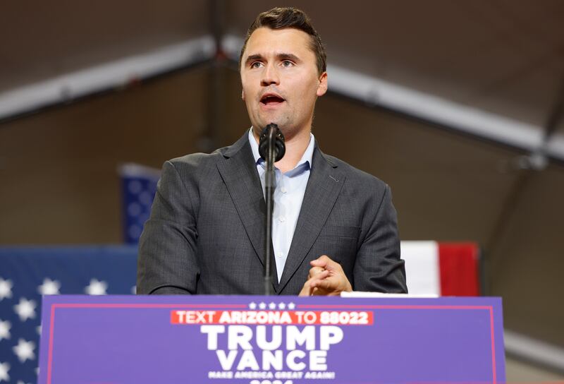 Charlie Kirk speaks at a campaign rally at Arizona Christian University on July 31, 2024 in Glendale, Arizona.