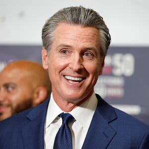 California Governor Gavin Newsom speaks after he and other lawmakers signed the "Election Rigging Response Act" in Sacramento, California, U.S