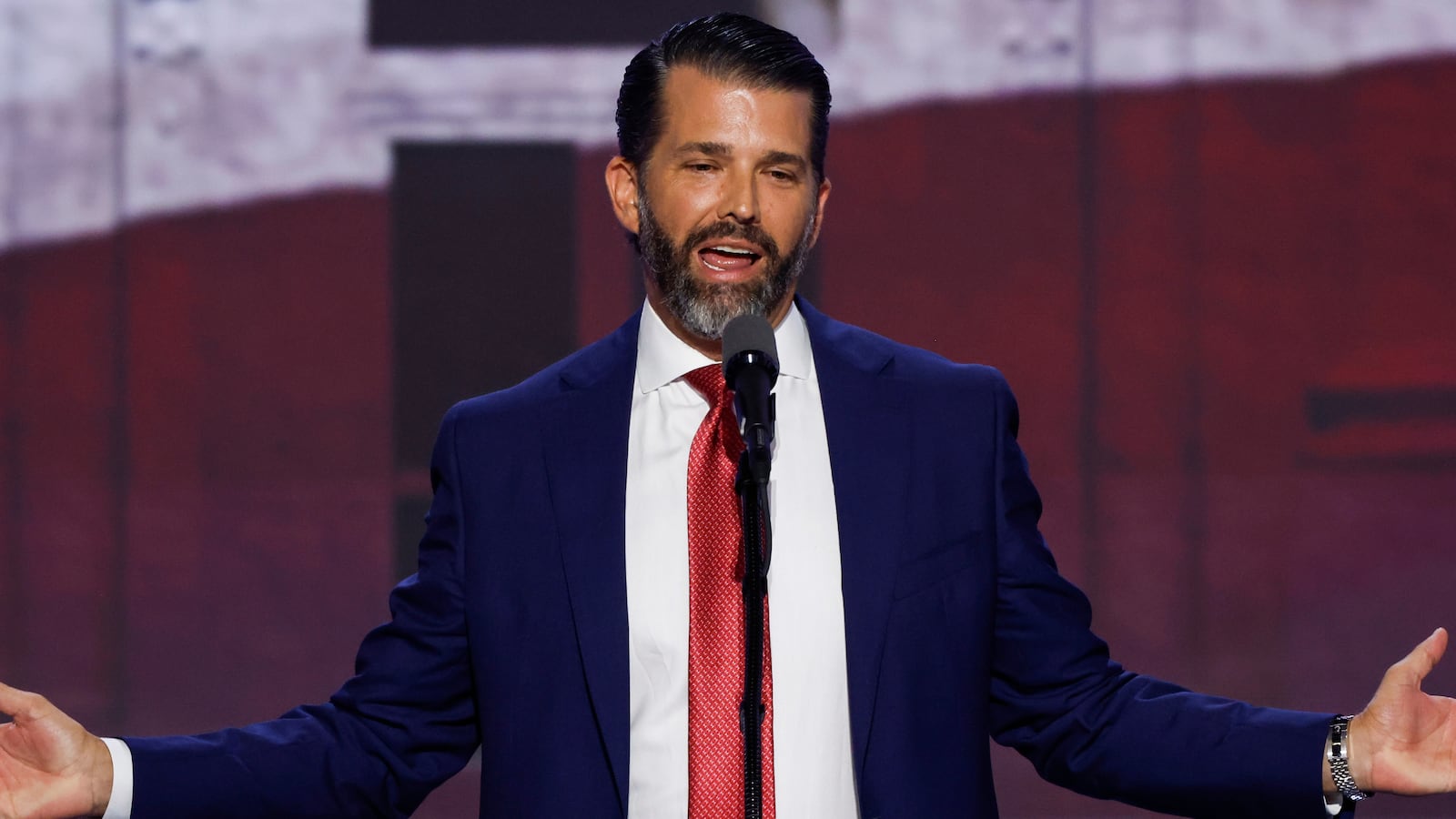 Donald Trump Jr., son of former U.S. President Donald Trump speaks on stage on the third day of the Republican National Convention at the Fiserv Forum on July 17, 2024 in Milwaukee, Wisconsin.