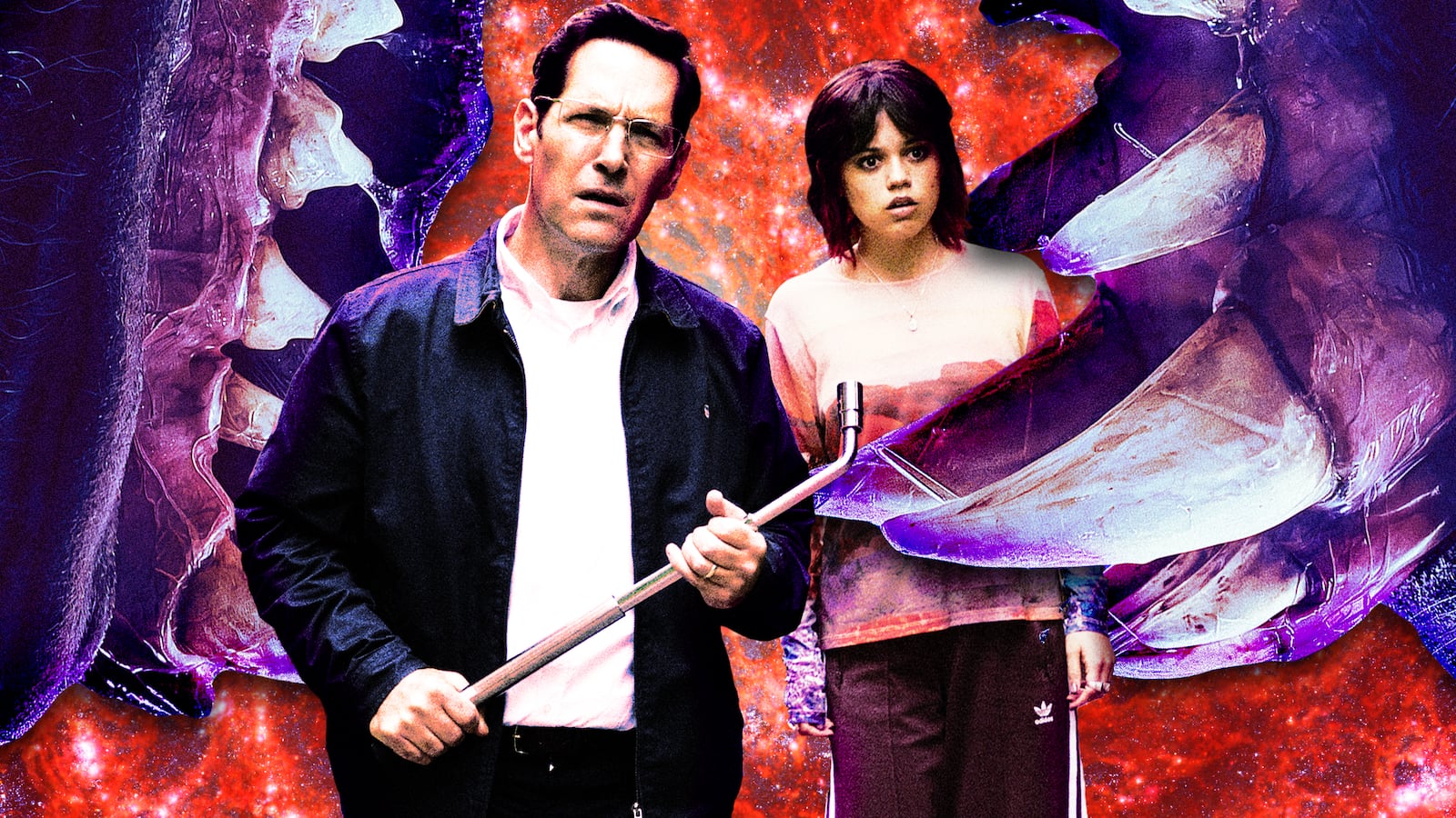 A photo illustration of Paul Rudd and Jenna Ortega from Death of a Unicorn.
