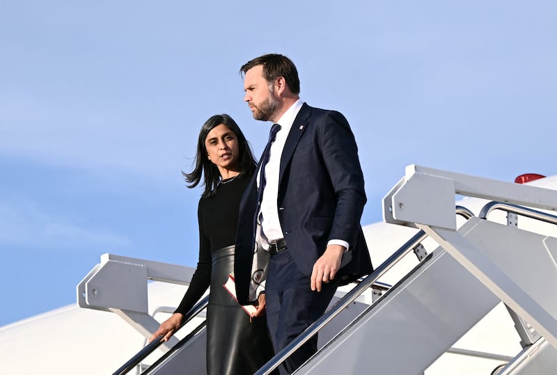 US Vice President JD Vance and Second Lady Usha Vance step off Air Force Two at Joint Base Andrews in Maryland after paying their respects to victims of the Annunciation Catholic Church shooting in Minneapolis, Minnesota, U.S., on September 3, 2025.