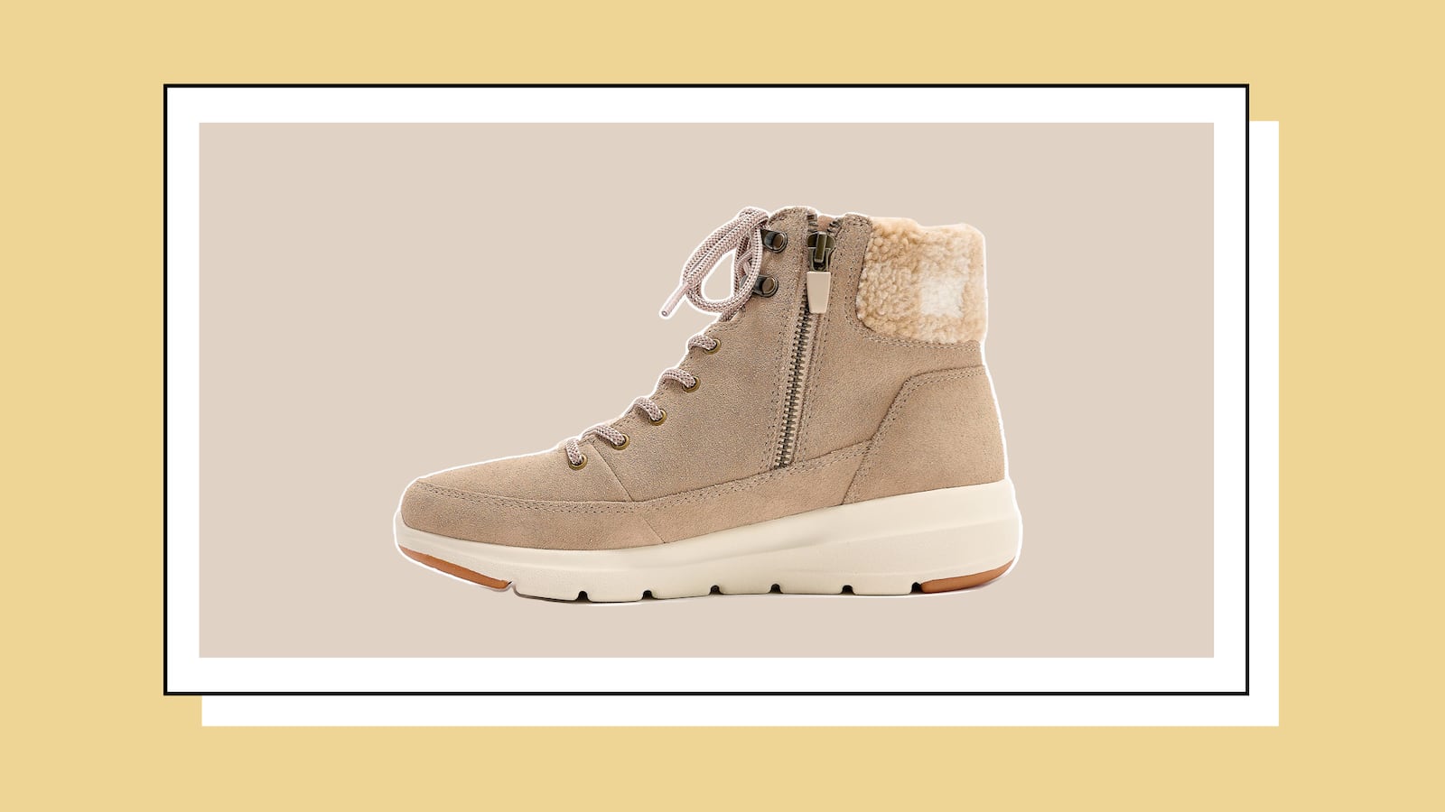 Beige suede lace-up winter boot with sherpa cuff and white Ultra Go sole, displayed on neutral background.